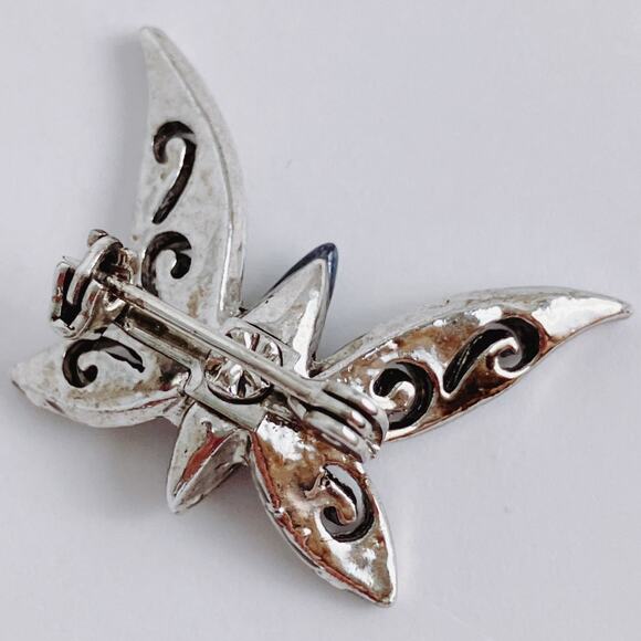 Vintage Silver Tone Butterfly Brooch Black Glass Marcasite Style 1970s - Picture 8 of 10